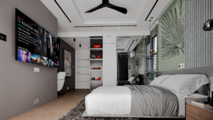 A beautiful bedroom with a white bedsheet nicely covering the bed. The TV is installed on the left wall and facing the bed.