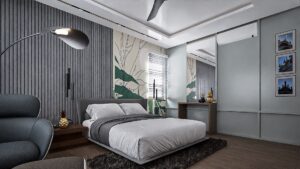 A house for sale in Ghana. A luxury bedroom with a nicely laid bed with a white bedsheet. The bed view from the camera is diagonal