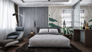 A house for sale in Ghana. A luxury bedroom with a nicely laid bed with a white bedsheet. The bed view from the camera is head on