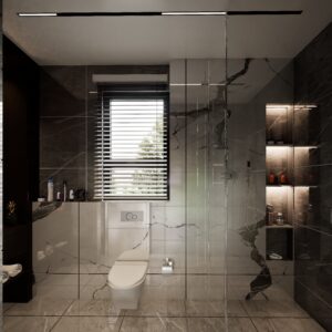 A spacious bathroom with grey wall and floor tiles and dark wooden cabinets and shelves.