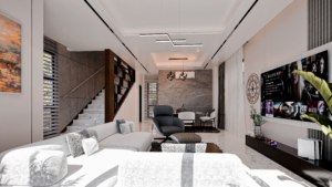 A view of modern living room showing a view from the sofa with the TV on the left wall of the room the the stairway ahead.