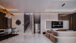 A house for sale in Accra Ghana. A wide view of an open plan modern living room