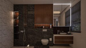 A house for sale in Accra Ghana. An excuisite bathroom with an elegant cabinet arrrangement . The cabinet has a glass cabinet on the left side of the image