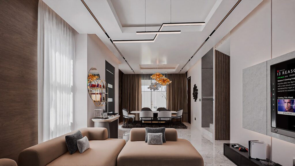 A house for sale in Accra Ghana. An extended view of an open plan modern living room of a 3 bedroom townhouse