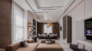 A house for sale in Accra Ghana. An extended view of an open plan modern living room