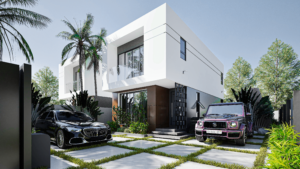 The Front View of a white 3 bed bedroom storey house with 2 cars parked at the front section of the house facing the main gate.