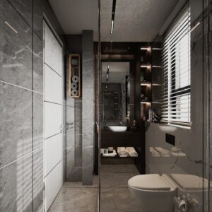 The luxury bathroom of a 3 bedroom townhouse for sale in Accra Ghana - Regimanuel Satellite City - The bathroom has tones of grey tiles and modern fittings