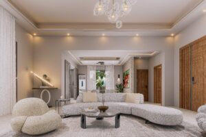 A VIEW OF THE LIVING ROOM OF A 3 bedroom house for sale in Accra Ghana - SHOWING A LONG STRETCH FROM THE LIVING AREA TO THE DINING AREA - Regimanuel Satellite City