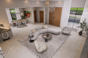 THE LIVING AREA OF A a 3 bedroom house for sale in Accra Ghana - SHOWING A CRESCENT SHAPED SOFA AT THE CENTRE OF THE LIVING ROOM - Regimanuel Satellite City