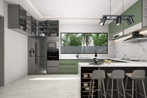 The kitchen of a 3 bedroom house for sale in Accra Ghana at Regimanuel Satellite City with a green theme