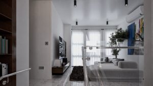 A view from the landing of the stairway to the first floor showing the living room on the first floor.