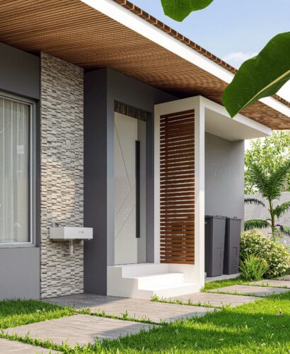 Off-Plan Properties for Sale in Adenta 2025 Guide and Prices - The back yard of a premium 3 bedroom house in Regimanuel Statellite City showing a beautifu green garden