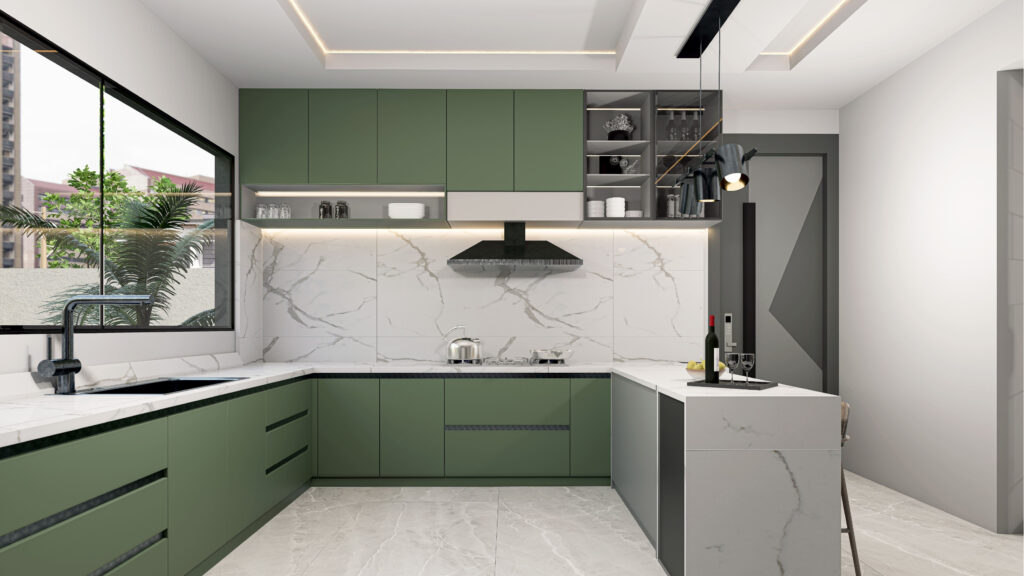 A wide view inside the green themed kitchen with all the cabinets in a U shape facing the camera