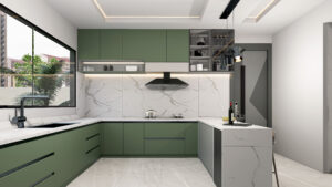 A wide view inside the green themed kitchen with all the cabinets in a U shape facing the camera